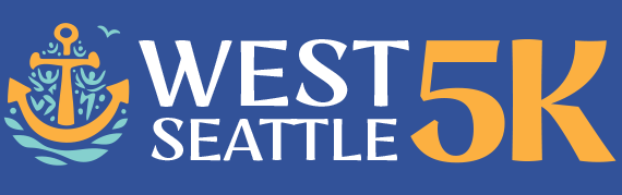 Logo for the West Seattle 5K, featuring a yellow anchor with waves and the event name in white and yellow text on a blue background.