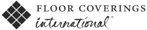 Floor Coverings International logo with a diamond tile pattern on the left and the company name in uppercase and script lettering.